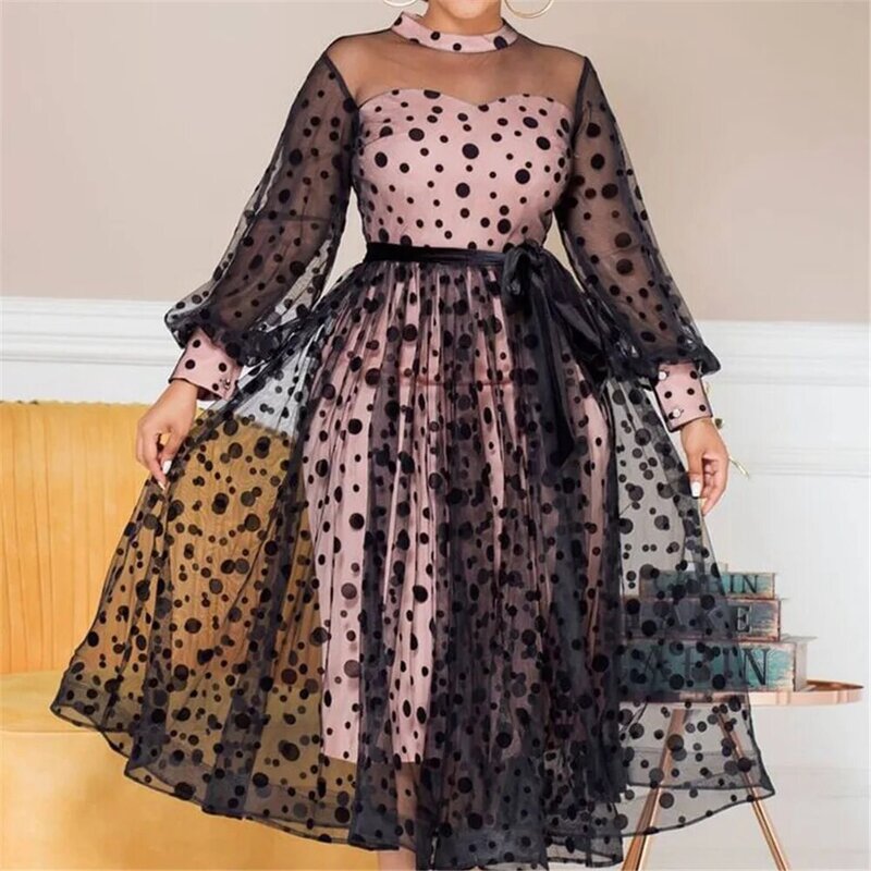 Women's Plus Size Dress Polka-dot Perspective Mesh Stitching Temperament Dress Autumn Spring New Fashion Africa Female Clothing