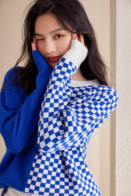 Wisher & Tong maglioni donna 2022 autunno inverno o-collo maniche lunghe Pullover lavorato a maglia blu Casual Chic top maglione moda coreana