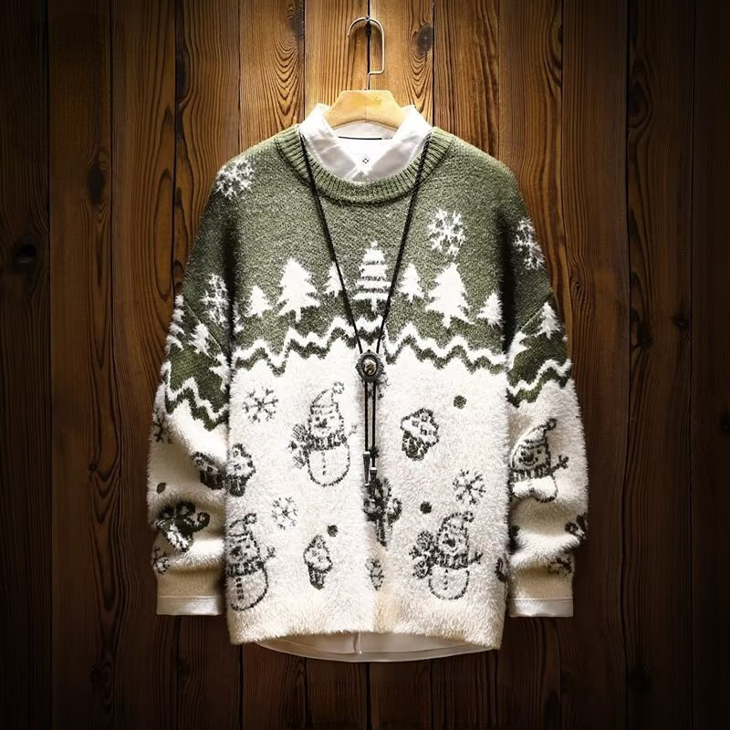 Sweater Pria Vintage Sweater Rajut Longgar Gaya Korea Musim Dingin Natal Sweater Longgar Kasual Sweater Longgar Pria