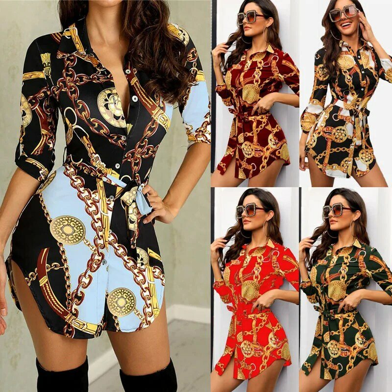 2023 Women Boho Summer Dress Party Dresses Chain Print Stand Collar Single-breasted Shirt Dress Beach Dress