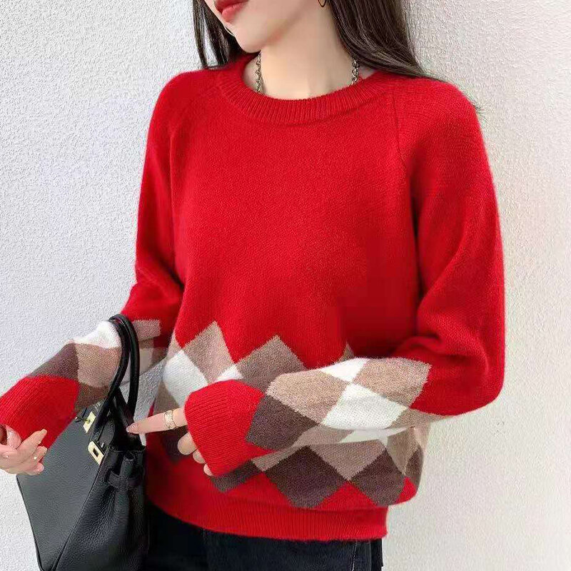 Suéter grueso de cuello redondo de Jacquard para mujer, suéter de lana de manga larga informal, suelto, corto, otoño e invierno, nuevo