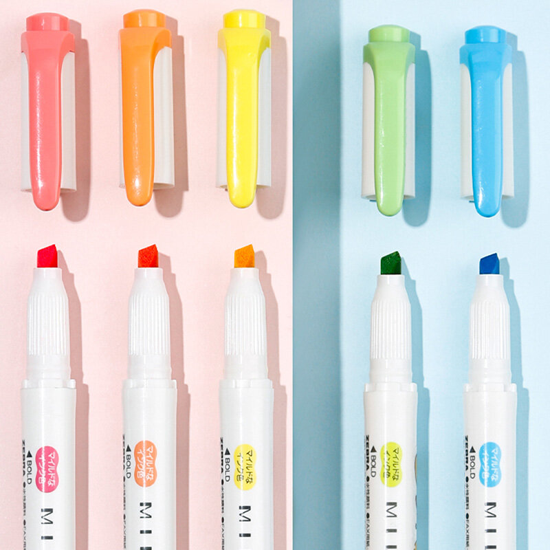 Zebra Mildliner-Juego de bolígrafos fluorescentes de doble punta, rotuladores de colores originales, Kawaii, WKT7, 5 unidades