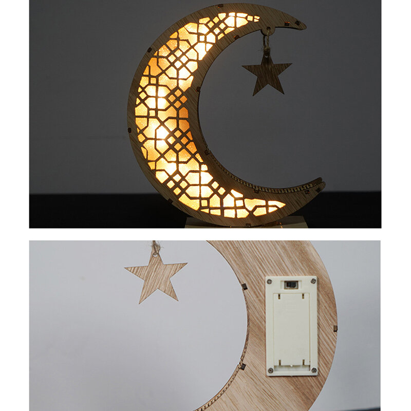 Wooden Moon Shape LED Light Eid Ramadan Mubarak Hollow Carving Wall Mounted Luna Lamp Battery Operated Decor Pedants With Warm