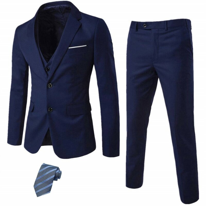 Męska 3 sztuka dopasowany przylegający garnitur zestaw 2, proszę kliknąć na przycisk „ żakiet z dzianiny dresowej kamizelka spodnie z krawat dla człowiek biznesu stałe suknia ślubna spodnie Tuxedo