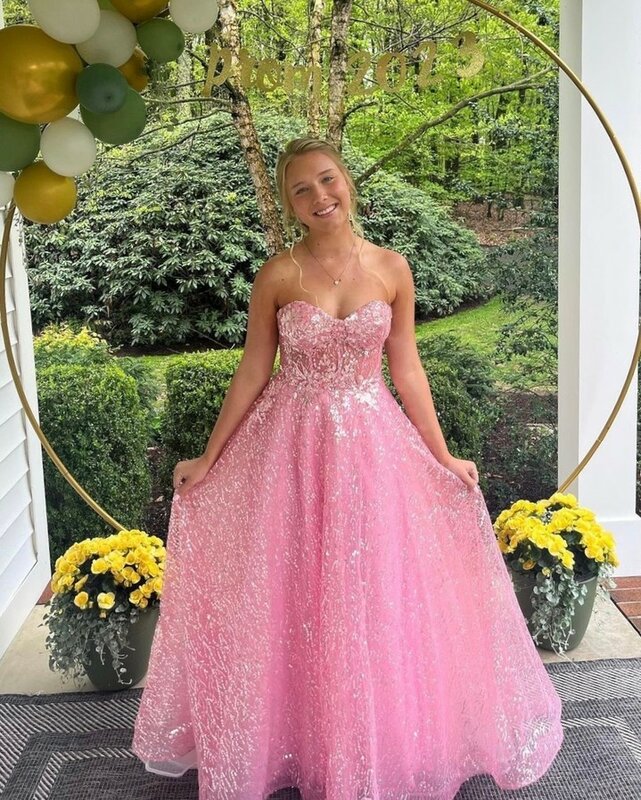 Gaun Prom merah muda berkilau 2023 gaun pesta Formal wanita panjang selantai Tulle tanpa lengan Sweetheart untuk malam dibuat sesuai pesanan