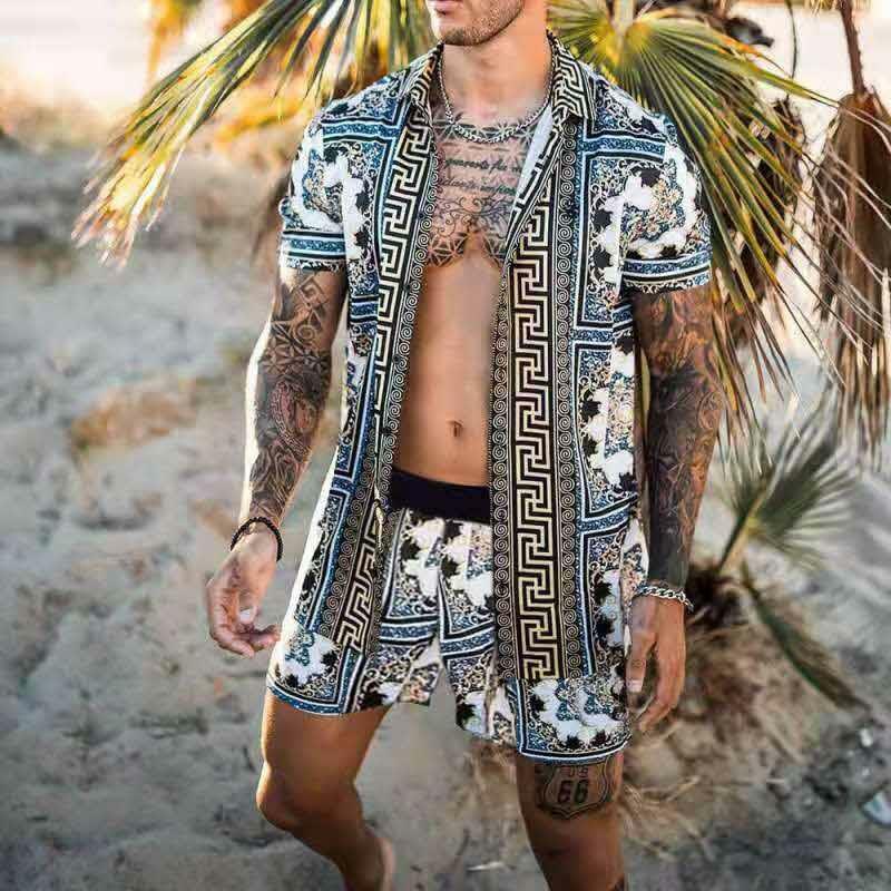 Hawaiian men verão terno de manga curta botão impresso camisa praia shorts rua casual 2 peça terno dos homens