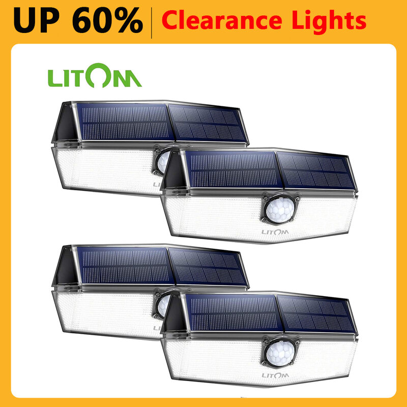 Litom 4 pacotes 120 led luzes solares ao ar livre 3 modos lâmpadas de parede à prova dadjustable água ajustável painel solar atualizado com ângulo largo de 270 °