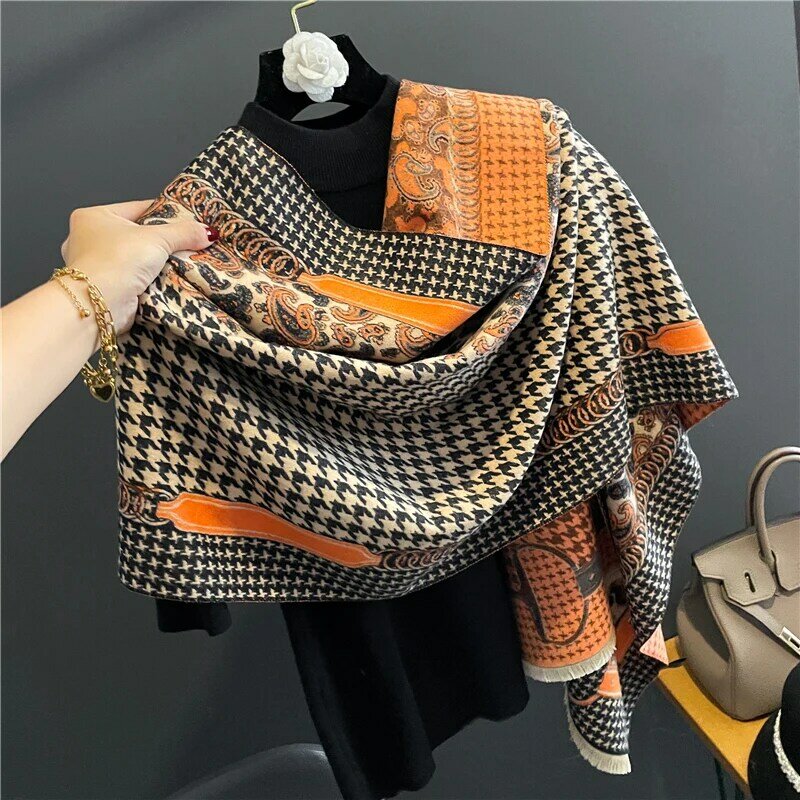 Luxo houndstooth inverno feminino cashmere cachecol design xales e envoltórios moda quente cobertor feminino grosso bufanda poncho echarpe