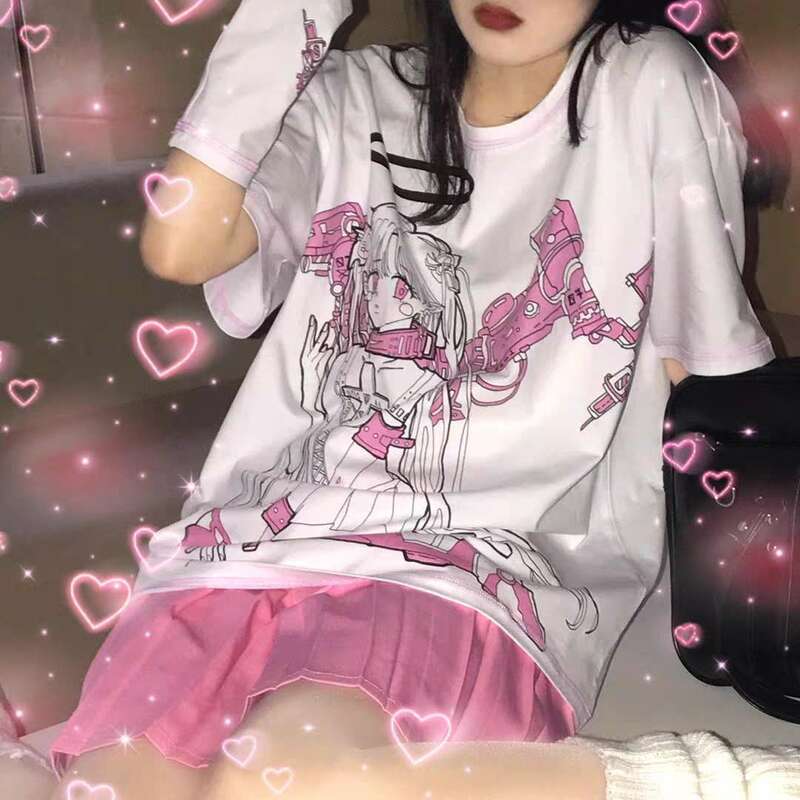 Mingliusili Harajuku Print T Shirt Vrouwen Lente Mode 2022 Anime Grafische Tee Met Split Mouwen Tops Mujer Casual T-shirt