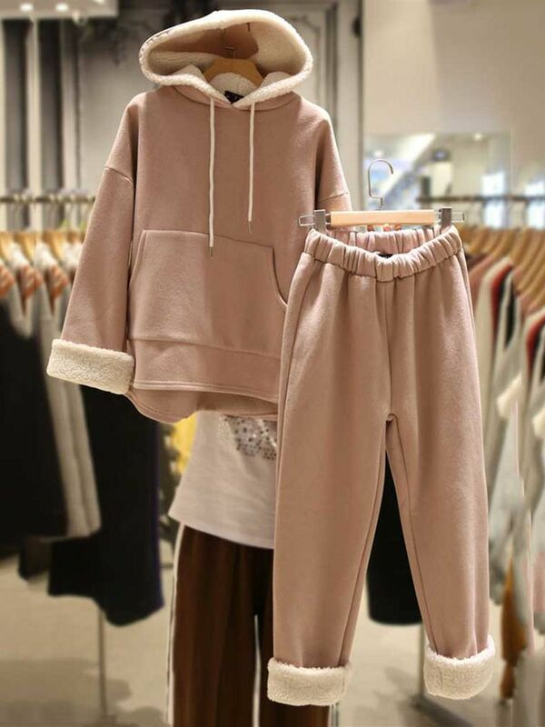 Lambswool-Sudadera con capucha y pantalón largo para mujer, de dos piezas Conjunto elegante, cálido y sólido, moda informal