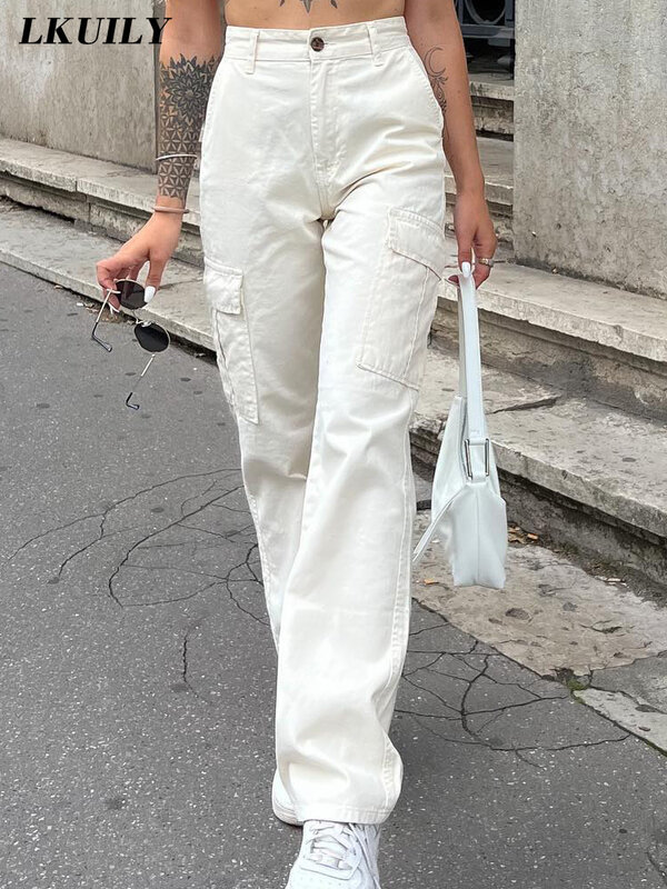 Damskie spodnie Cargo biała moda Streetwear Y2K workowate spodnie dorywczo kieszeń wysokiej talii solidna estetyka proste spodnie kombinezony