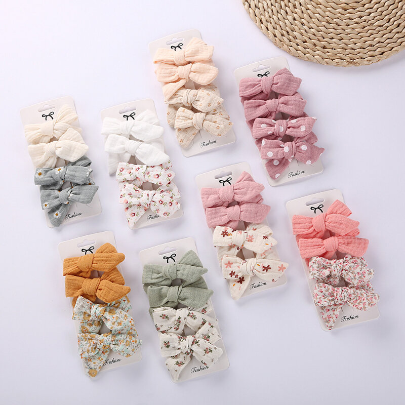 4Pcs/Set Floral Print Bows Hairpins Baby Girl Hairclip for Kids Muslin Cotton Linen Barrette Flower Side Baby Hair Accessories
