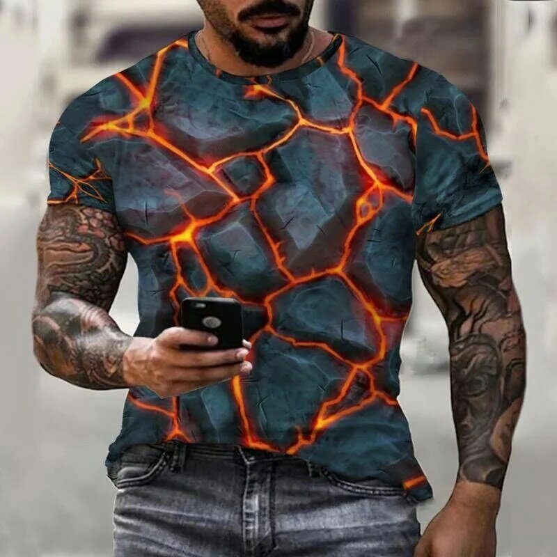 T-Shirt manches courtes pour hommes, estival et décontracté, avec impression 3D, Magma smash Lightning Thunder
