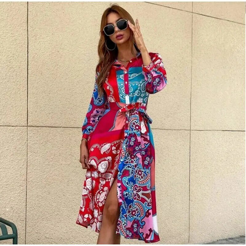 Fashion Floral Printing   2022 Spring and Autumn  Lapel Seven Points Sleeve Casual Chic Loose Female Clothing Robe Dresses