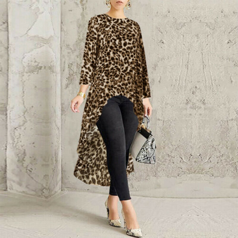 Женская леопардовая блузка с длинным рукавом, свободного покроя