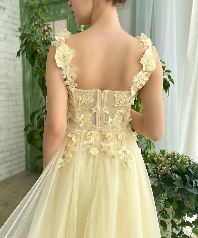 Koreanische Gelb Mädchen Prom Kleider Floral Straps EINE Linie Korsett Formale Abendkleider Tee Party Graduation Tragen Vestido De Noche