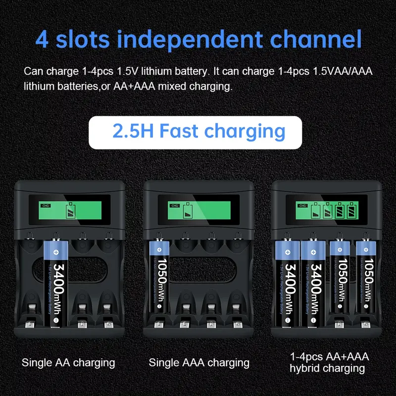 1.5v AA Battery Charger with LCD Display Smart Charger for 1.5v Lithium Li-ion Rechargeable Battery AAA