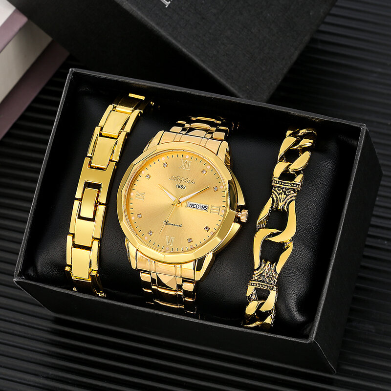 Reloj minimalista dorado para hombre, cronógrafo de pulsera de cuarzo con calendario de negocios a la moda, conjunto de regalo de lujo para hombre