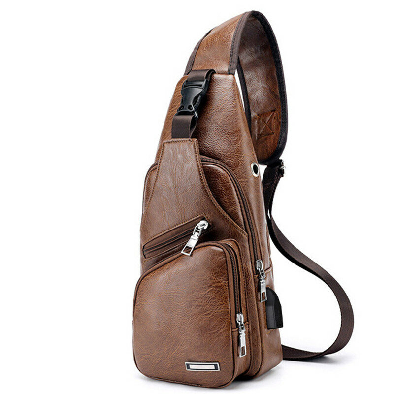 Bolsa de pecho cruzada con carga USB para hombre, bolso de hombro de PVC PU, paquete Diagonal, bandolera de viaje