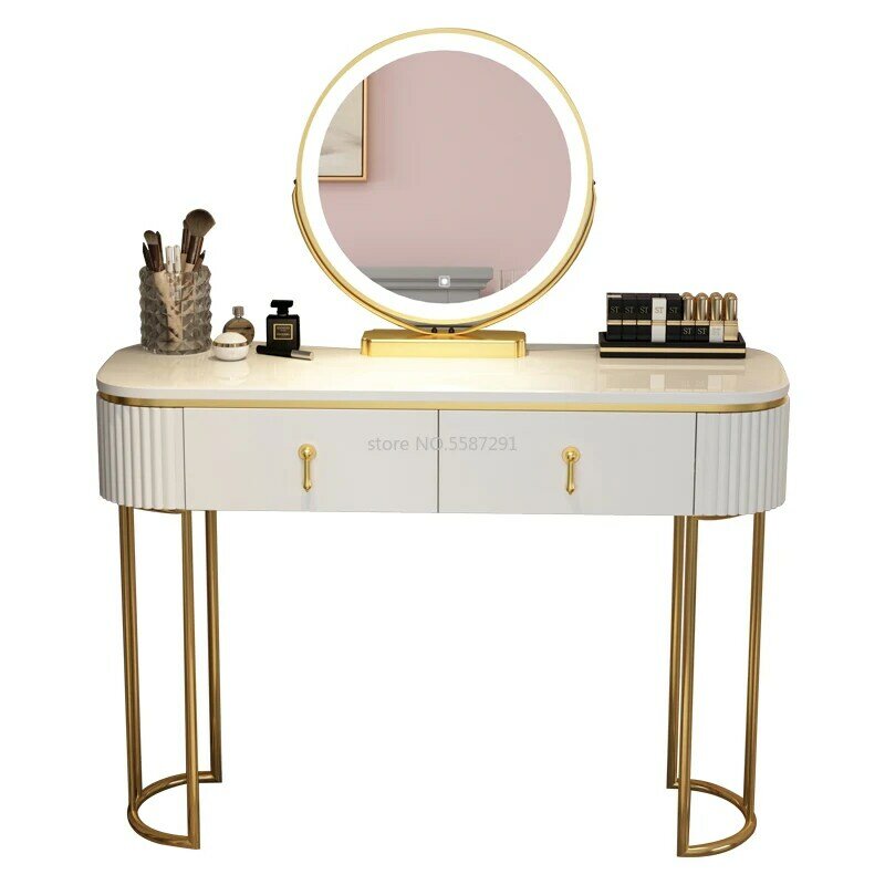 Nordic Style Modern Minimalist Bedroom Furniture Dresser With LED Mirror Light Luxury Paint Non-slip Makeup Tables With Drawers