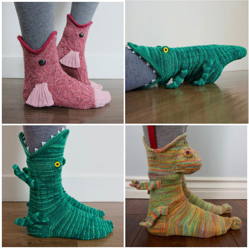 1 par criativo dos desenhos animados forma animal meias bonito design malha meias de crocodilo inverno quente interior meias presentes