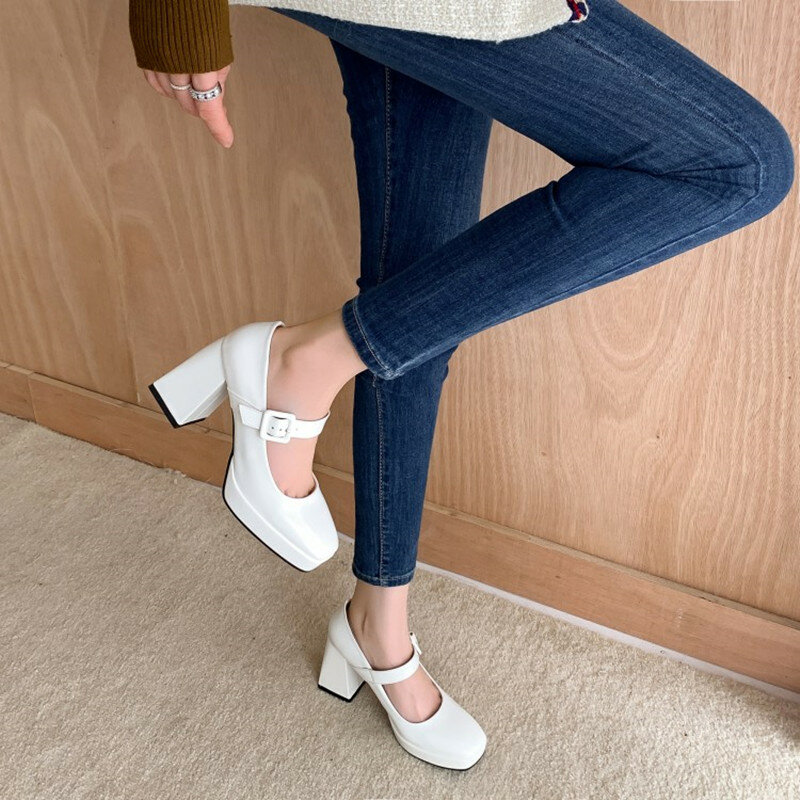 Mary Jane Thick Heels One Word Buckle Square Head Comfortable French Popular High Heels Spring New All-match Single Shoes