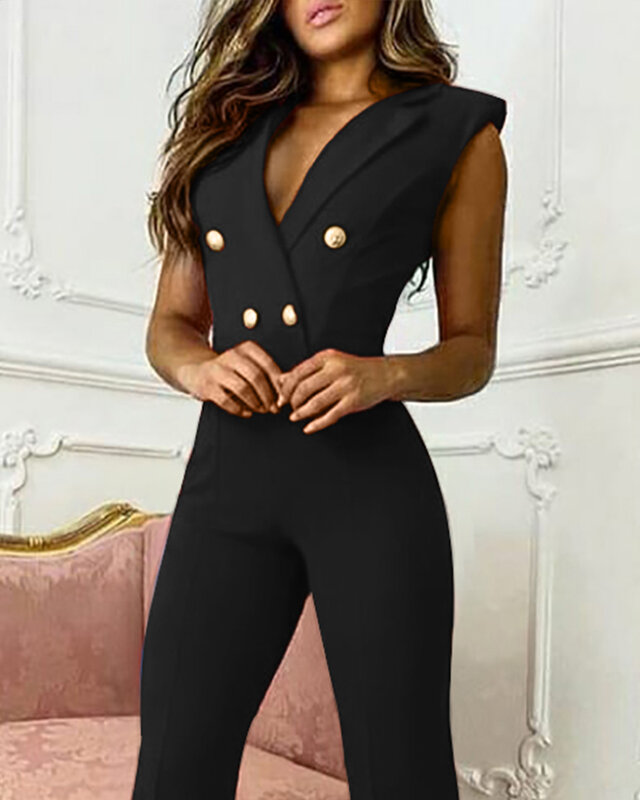 2021 Elegant Women V Neck Double Breasted Sleeveless Blazer Workwear Bodycon Jumpsuit Skinny Sexy Long Pants Casual Red Clothes