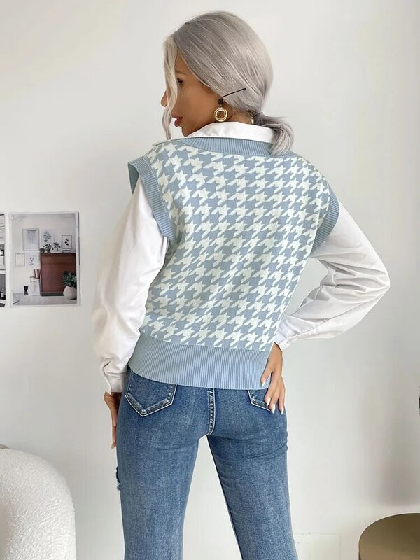 Jean & NORA – pull en tricot imprimé Floral Zigzag pour femme, haut sans manches, col en V, mode Patchwork, décontracté, coupe cintrée