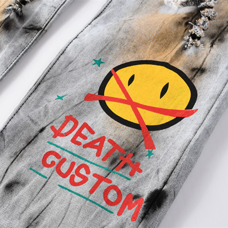 European American Style Hip Hop Smiling Face Print Tie Dye Stretch jeans Fashion Hole Slim Straight Denim Casual Trousers