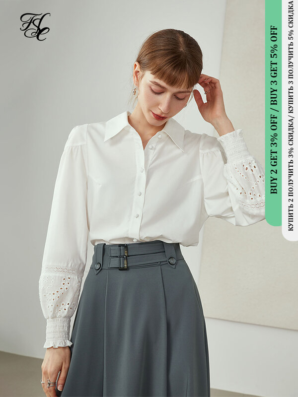 FSLE-Camisa blanca para mujer, camisa de manga farol, mangas estampadas huecas, Tops de nicho de diseño, Blusa de manga larga, Tops para mujer