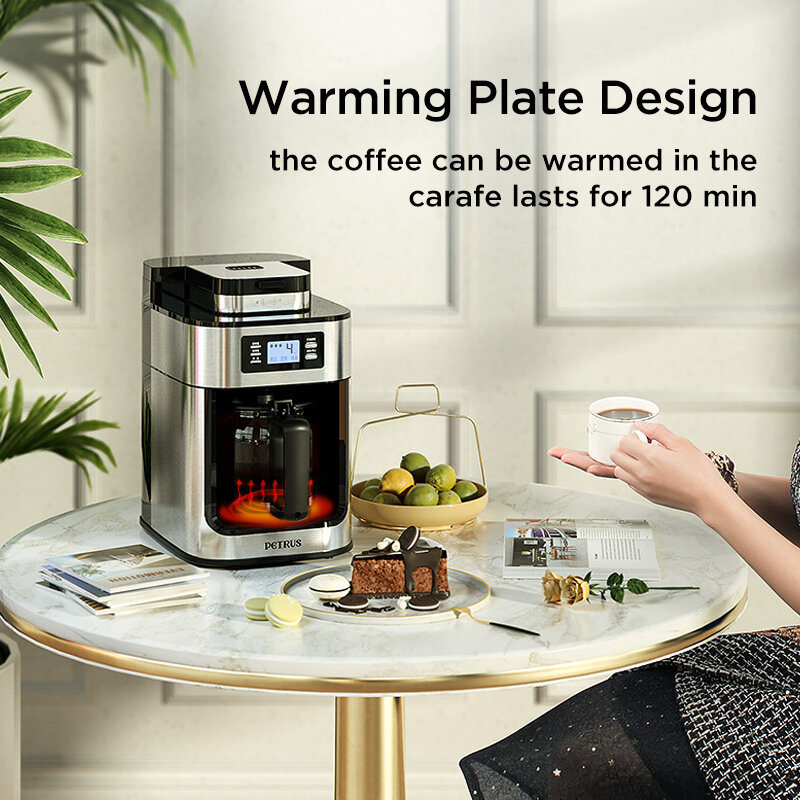 Petrus totalmente automático gotejamento máquina de café com copos programáveis máquinas de café, tanque de água 1.2l, grãos de café ajustável moer