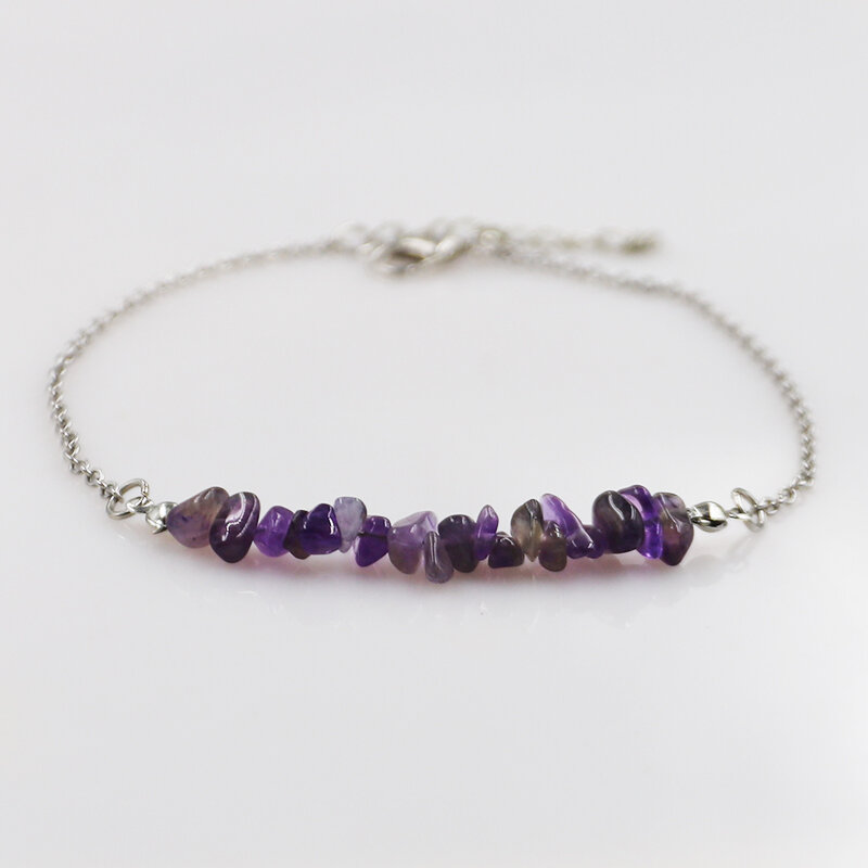 Natural Stone Crystal Handmade Amethyst Gravel Stainless Steel Chain Bracelets For Women Boho Couple Fashion Jewelry