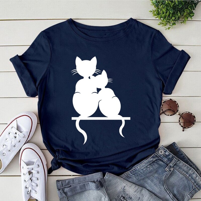Camisetas con estampado de gato para mujer, camisetas informales de manga corta divertidas, Tops de cuello redondo para mujer