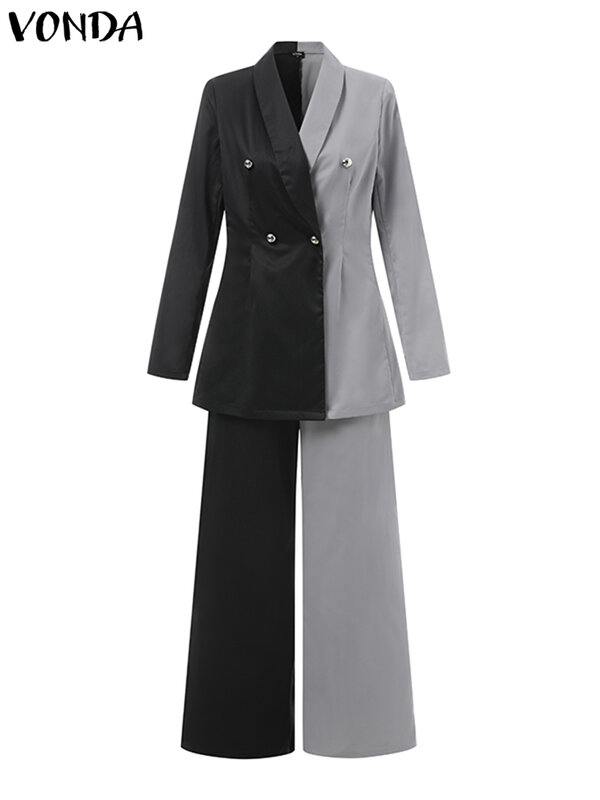 Vonda-女性用長袖パンツセット,ボタン付きスーツ,フォーマルコート,パッチワークカラー,ダブルブレスト