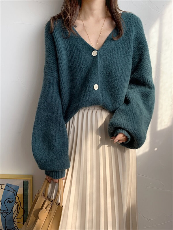 New Oversize Women's Sweaters Autumn Winter fashionable Casual Blue V-Neck Cardigans Single Breasted Puff Sleeve Loose Cardigan