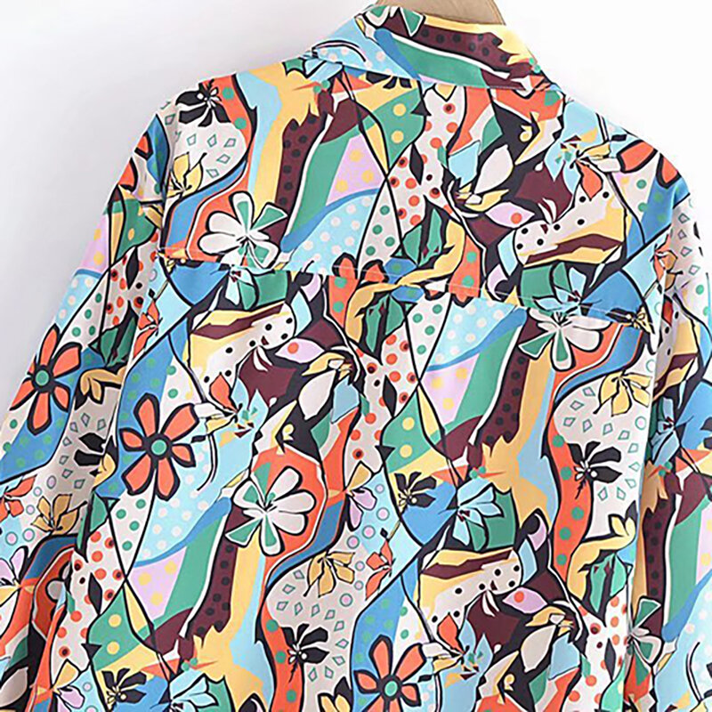 시크하고 개성적인 전복 턴 다운 칼라 길쭉한 소매 인과 셔츠 멀티 컬러 인쇄 여성 블라우스 빈티지 블라우스 셔츠