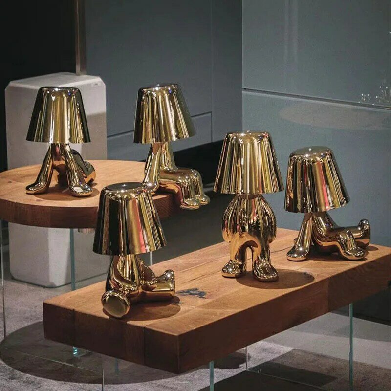 Маленький золотой мужской ночник, милая Светодиодная настольная лампа, алюминиевая прикроватная декоративная лампа, декор для кофейной ба...