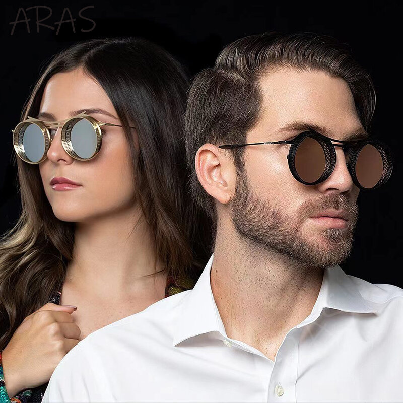 جديد Steampunk النظارات الشمسية للنساء الرجال خمر جولة الشرير نظارات شمسية الذكور موضة الجوف إطار ظلال مزدوجة جسر نظارات