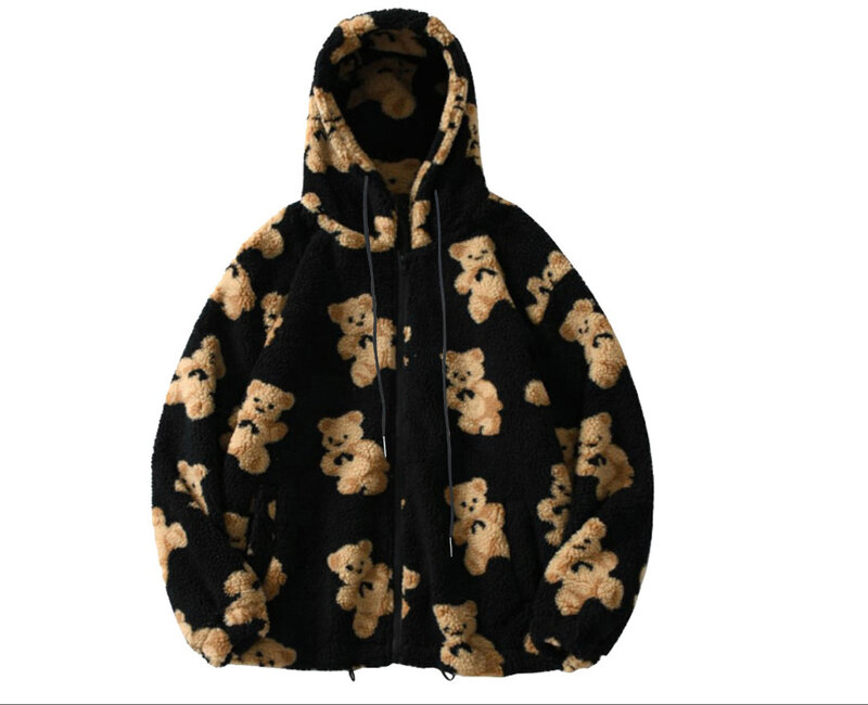 Urso dos desenhos animados cordeiro hoodies casaco de lã feminina casal casual oversize com capuz inverno quente tops camisola feminina bonito teddy coats
