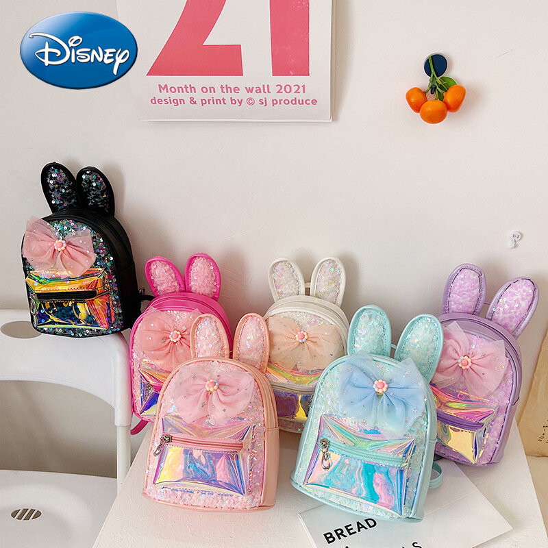 Disney 2022 novas crianças saco meninas casual princesa dos desenhos animados mochila grande bowknot orelhas longas lantejoulas mochila