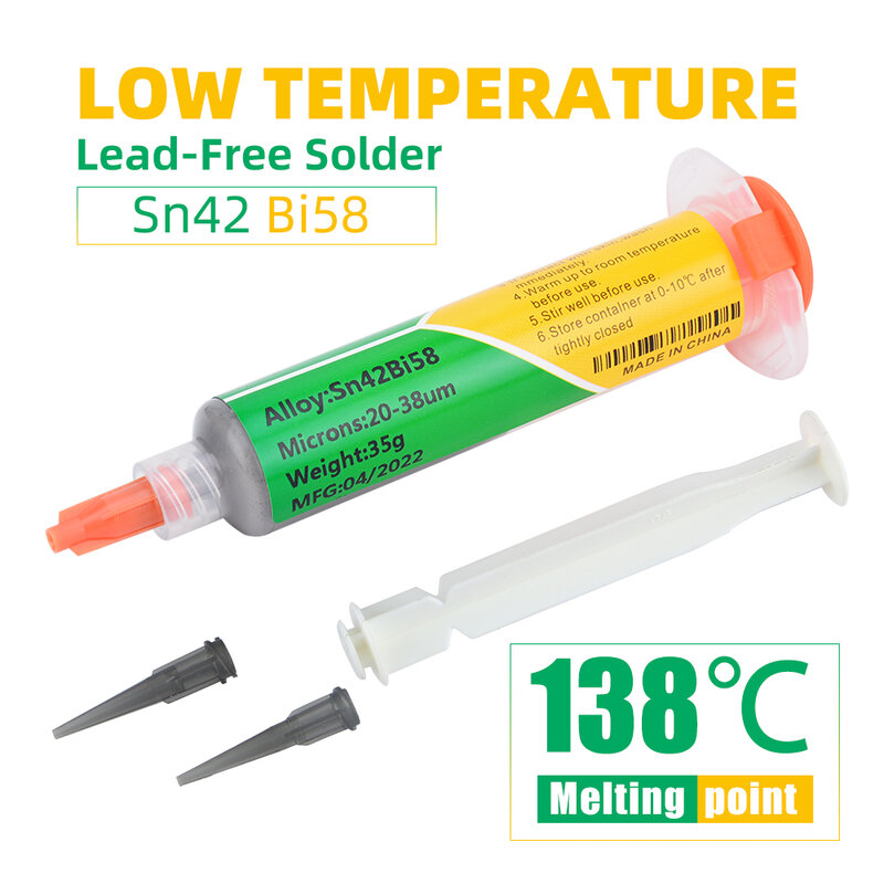 1pcs 35g Lead-free 138℃ Low Temperature Syringe Solder Tin For Soldering paste Sn42Bi58 SMD BGA PCB CPU Repair Welding Fluxes