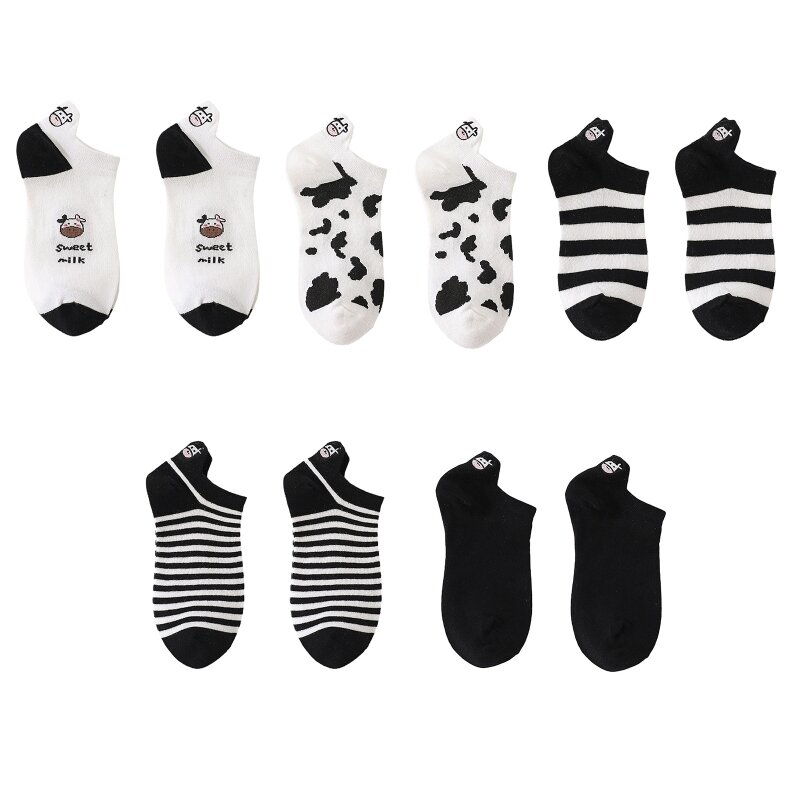 Women Summer Low Cut Short Boat Socks Harajuku Cute Cow Striped Printed Animal Embroidery Invisible Anklet Hosiery