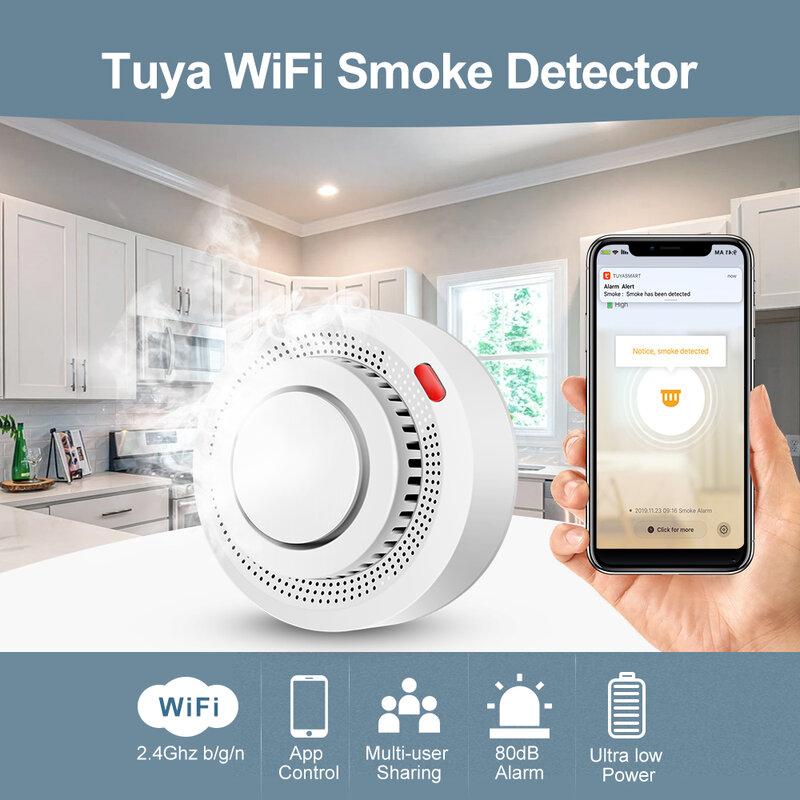 TinoSec 무선 Tuya 스마트 독립 화재 경보 실내 홈 보안, 80 dB 사운드 화재 경보 센서 스마트 라이프 앱 제어