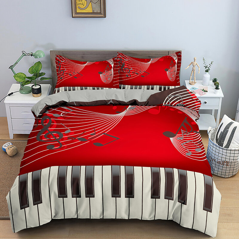 3D Piano Key Printed Bedding Set Musical Theme Duvet Cover With Zipper Closure Queen King Size Quilt Cover And Pillowcase