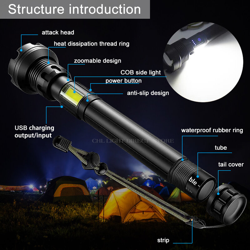 Linterna potente de alta potencia con Zoom de 2800 lúmenes, lámpara led cob, linterna táctica de RECHARG para acampar al aire libre