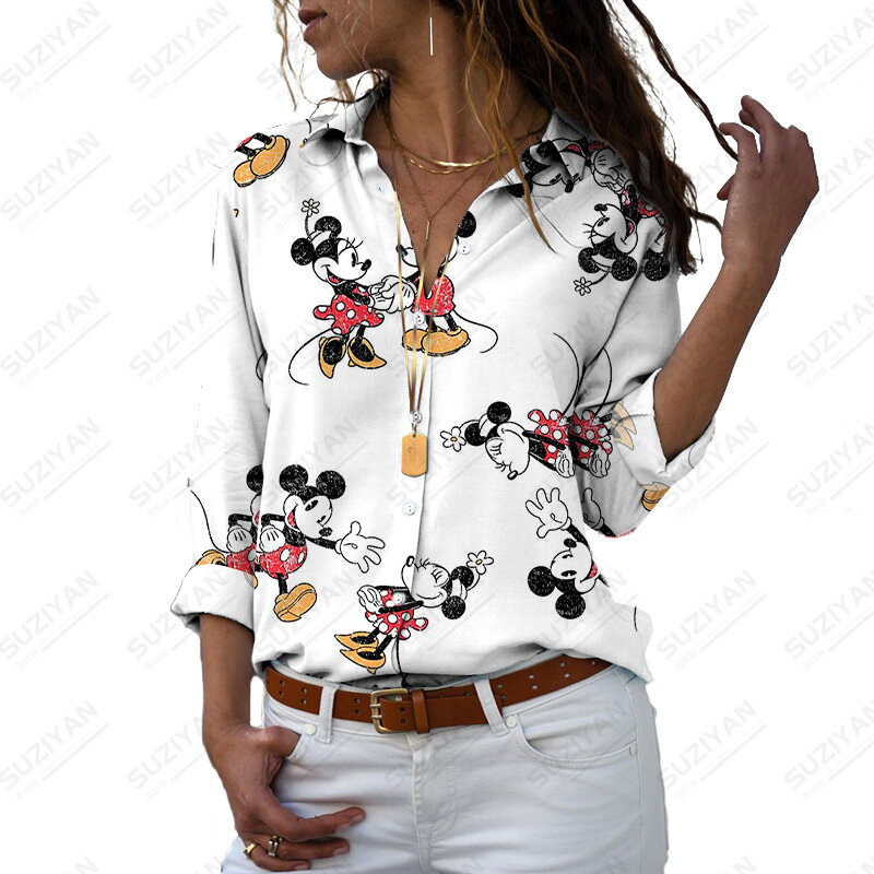 Disney projekt graficzny drukuj koszula damska z długim rękawem jesień eleganckie koszule wiosna skręcić w dół kołnierz bluzka przycisk mickey mouse