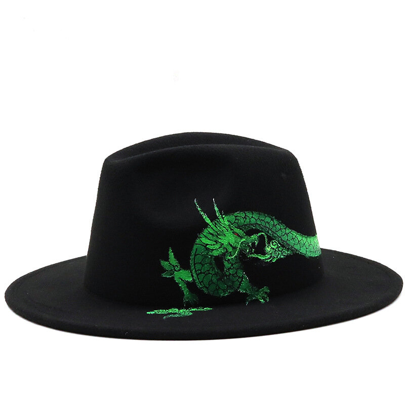QBHAT – Chapeau en laine Dragon vert peint à la main, unisexe, à bord large et plat, chaud, Jazz, Fedora, Vintage, fête, Trilby