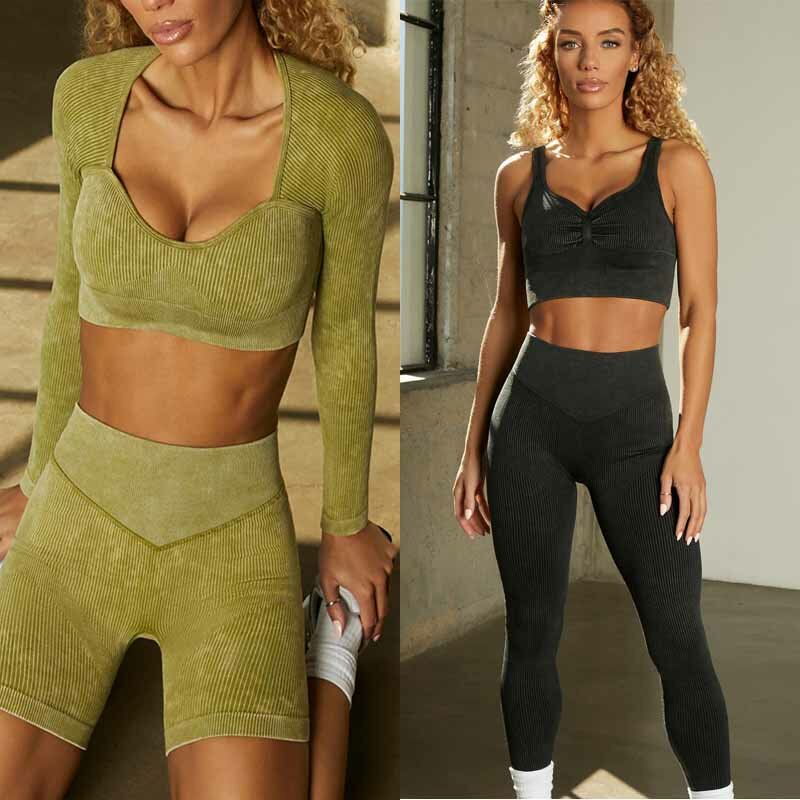 Mulheres sem costura conjunto de yoga roupa de treino activo wear feminino camisa de manga longa cintura alta gym leggings shorts de fitness ternos esportivos