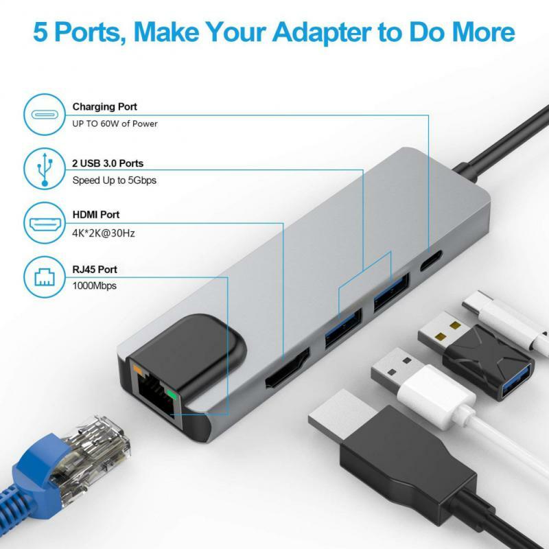RYRA-USB 3.0 타입-C To HDMI 어댑터 4K 썬더볼트 USB C 허브 기가비트 네트워크 포트, 맥북 에어 USB C 분배기용 HDMI 4K HD 포함