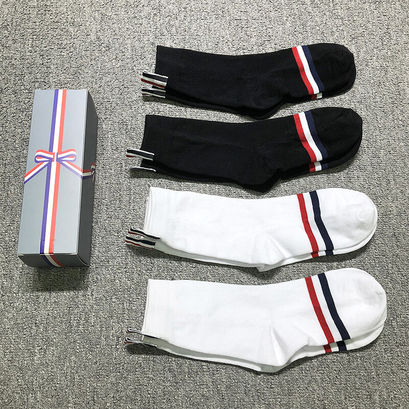 TB THOM Mid-tube Socks Luxury Brand Striped Men's Ankle Socks  Pure Cotton Casual Fashion Harajuku TB Stockings 4 Pairs